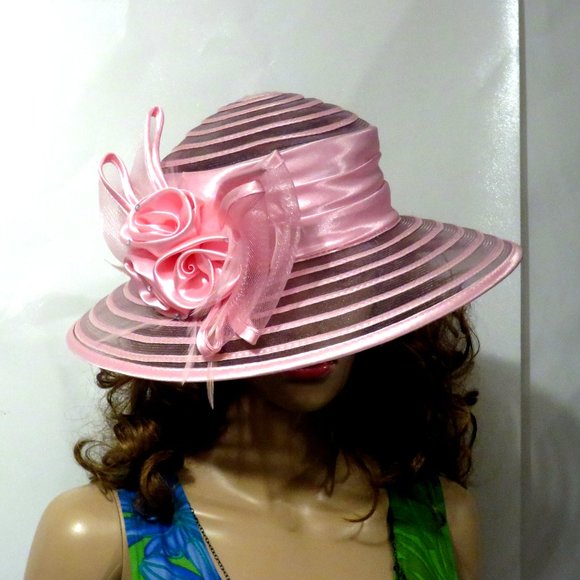 Pink Organza  Easter Kentucky Derby Wide Brim Hat - Picture 1 of 4